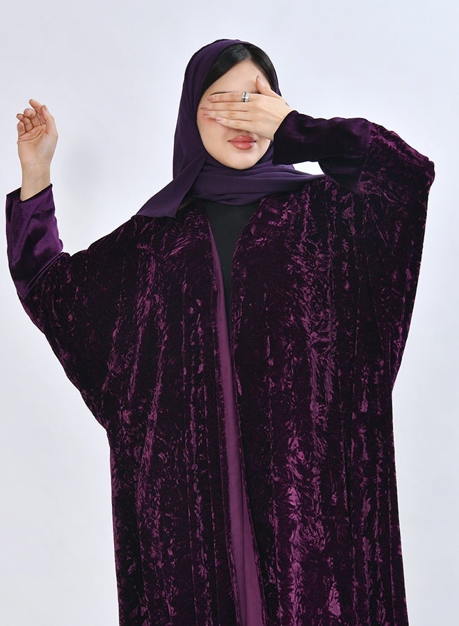 HAWRAA ABAYA Elegant quarter-bisht–style abaya crafted from luxurious velvet fabric in a rich purple color - Image 1